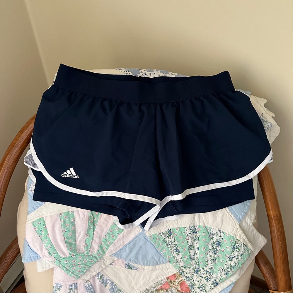 Adidas athletic shorts, navy blue with built in biker shorts/ spandex underneath